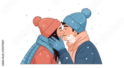 Romantic Winter Kiss Couple Sharing a Tender Moment in the Snow