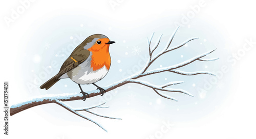 European Robin Perched on a Snowy Branch in Winter Wonderland