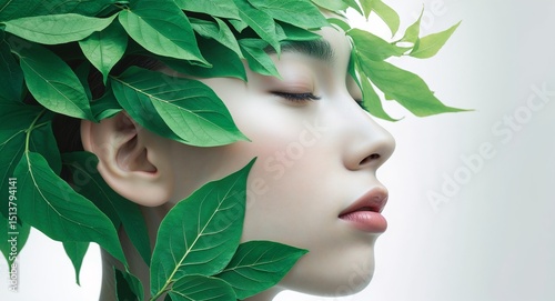 Double Exposure Portrait with Green Leaves Serene Human Nature Blend in Ethereal Style