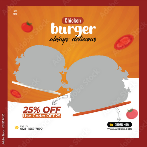 Food Flyer or Social Media Post Template. Fast food menu or burger social media marketing banner post. Delicious pizza & burger online sale promotion web flyer or poster with logo, business icon & abs