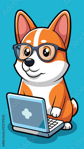 Adorable corgi dog cartoon character wearing glasses working on a laptop computer