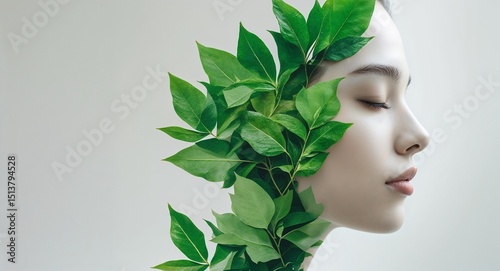 Double Exposure Portrait with Green Leaves Serene Human Nature Blend in Ethereal Style