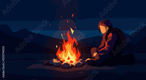Person sitting by a campfire in the wilderness at night  