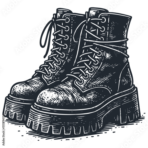 Vintage engraving vector of stylish combat boots with thick platform soles and laces. Edgy, retro punk or goth fashion footwear. Monochrome illustration.