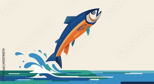 Colorful fish leaping out of the water in vibrant illustration  