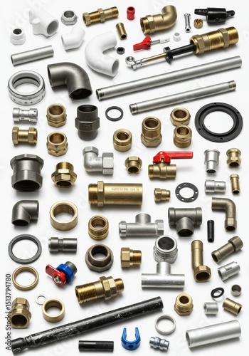 Wallpaper Mural Plumbing Fittings and Pipes Collection 2025-05-17 - Assortment of plumbing parts, showcasing various connectors, valves, and pipes. Symbolizing: connection, flow, regulation, durability Torontodigital.ca