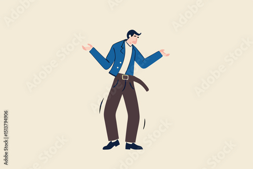 Tighten the belt, reduce spending in economic recession, cut budget to save business to survive or frugality concept, broke or bankruptcy businessman tighten or squeezing his belt.