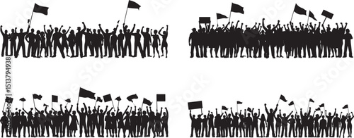 Silhouette of a crowd in energetic unity, celebrating or protesting with raised hands and waving flags. Vector illustration of people gathering, expressing emotion, solidarity, and collective action.