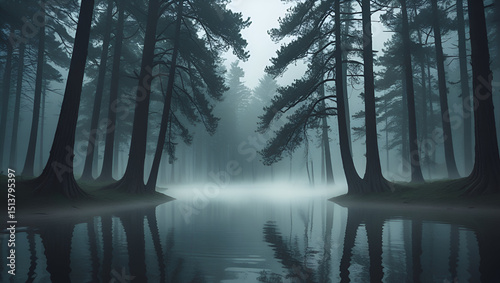 A Serene and Misty Morning in a Dense Pine Forest

