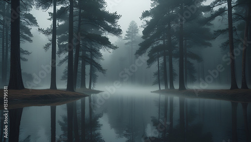 A Serene and Misty Morning in a Dense Pine Forest

