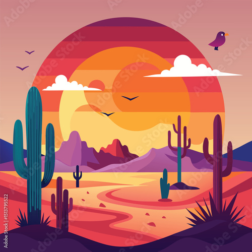 Vibrant desert landscape with cacti, mountains, and birds flying at sunset
