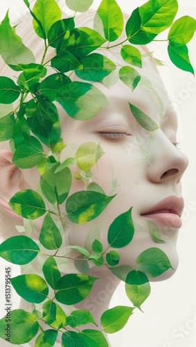 Double Exposure Portrait with Green Leaves Serene Human Nature Blend in Ethereal Style