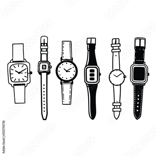 A collection of six different watches with various designs and straps on display