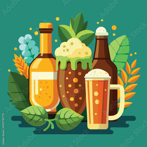 Artistic illustration of beers bottles and mugs with refreshing leaves for a brewery celebration