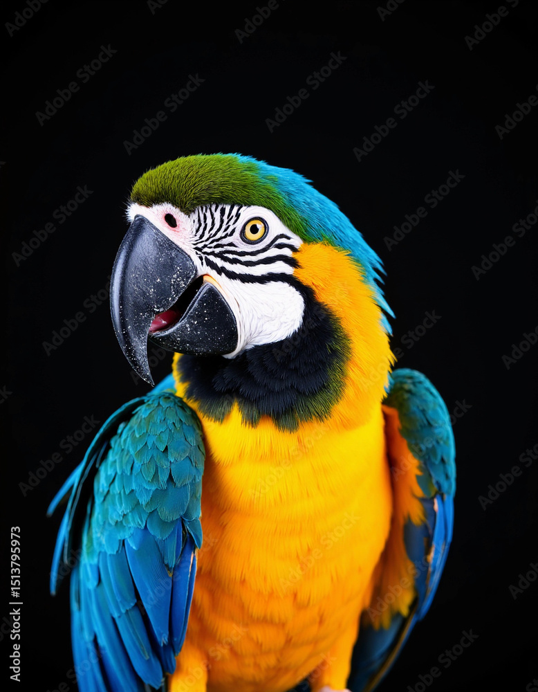 Fototapeta premium Colorful macaw parrot posing against black background 
