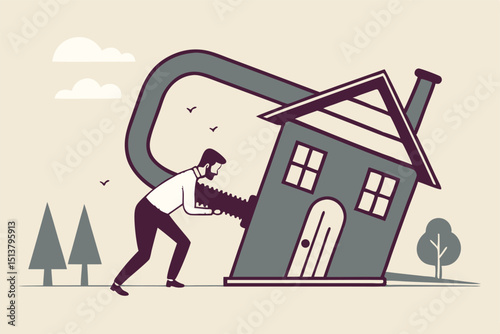 House mortgage refinance, reduce cost and interest payment, manage budget to pay for best house deal concept, businessman home owner using big clamp to squeezing house metaphor of refinancing mortgage