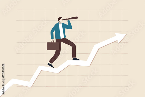 Business vision to see opportunity, investor fortune or profit growth, career achievement concept, smart businessman manager using telescope to see future standing on top of rising arrow market graph.
