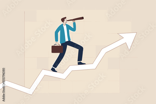 Business vision to see opportunity, investor fortune or profit growth, career achievement concept, smart businessman manager using telescope to see future standing on top of rising arrow market graph.