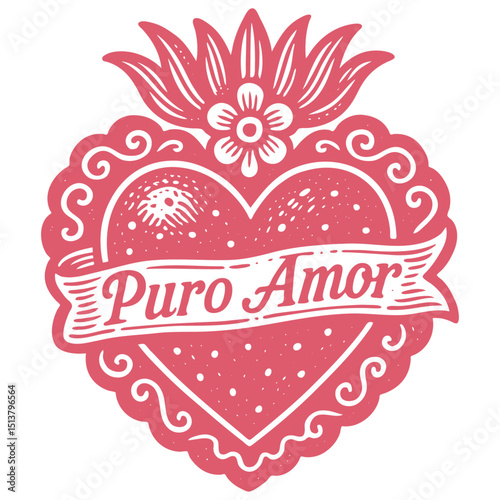 Retro linocut vector: 'Puro Amor' (Pure Love) sacred heart with flames, flower & banner. Mexican folk art inspired. Ideal for tattoo, print, design.
