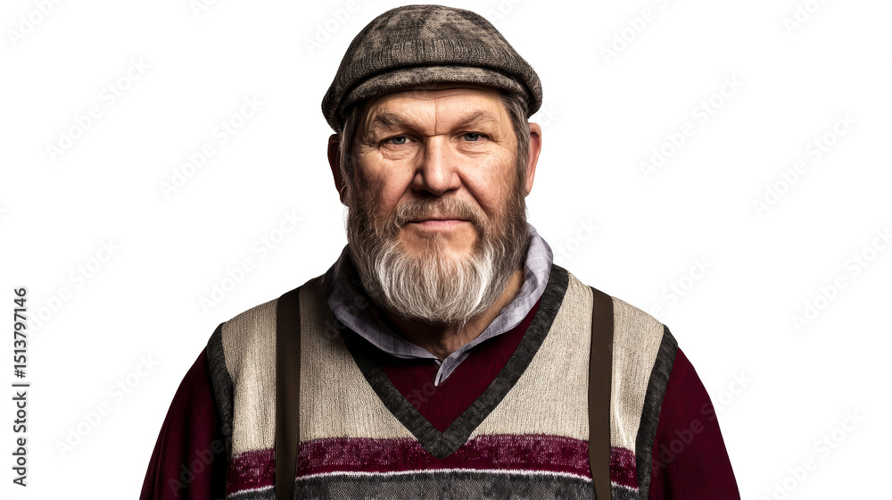 Fototapeta premium Mature man in sweater vest wearing tweed cap, cut out transparent
