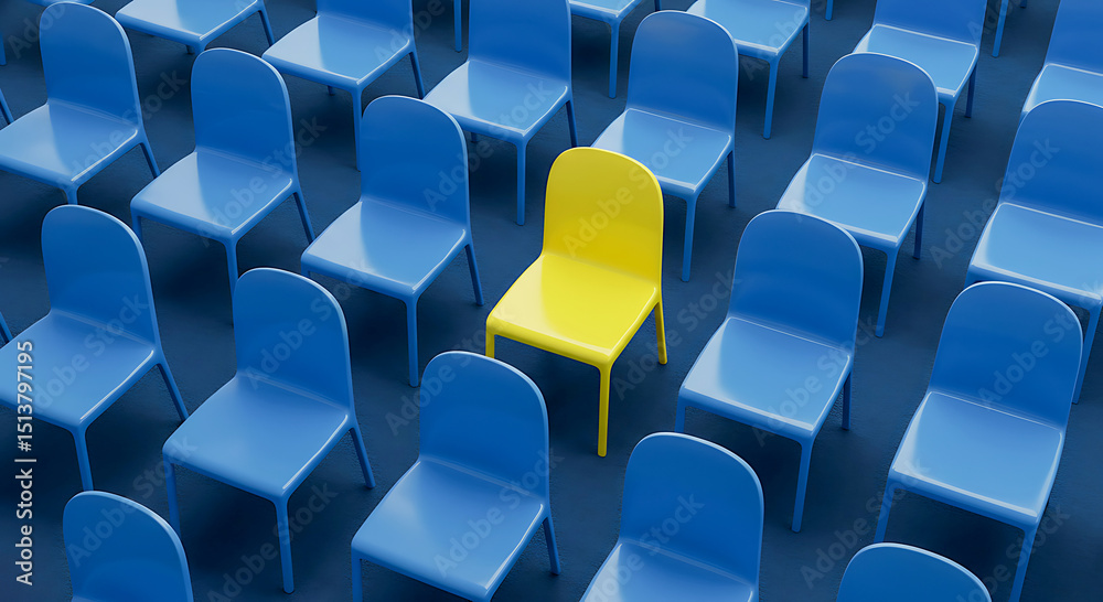 Fototapeta premium Unique Yellow Chair Among Blue Chairs – Stand Out Concept, Individuality, Leadership, Difference, Modern Seating, Creative Office Design, Contrast