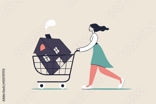 Home buyer, purchasing new house, real estate, property investment or mortgage concept, happy lady woman pushing new house inside shopping cart trolley.