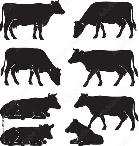 Cow Silhouette Vector Set – Diverse Cow Poses for Farm, Dairy & Agriculture Design Project