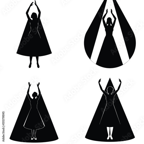Silhouetted Woman Figure In Dress With Hands Upward Posing Designs