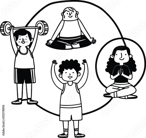 Diverse fitness and wellness illustration featuring various exercises and meditative practices representing healthy lifestyles and wellbeing