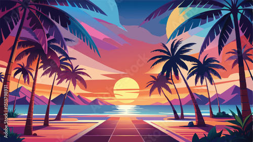 Colorful Palm Silhouettes Background: Vibrant Tropical Designs"	