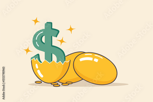 Growth or value stocks investment, earning or dividends from stock market metaphor or profit and return from investment asset concept, shiny golden eggs with one hatched as US dollar money sign.
