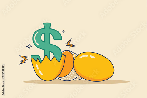 Growth or value stocks investment, earning or dividends from stock market metaphor or profit and return from investment asset concept, shiny golden eggs with one hatched as US dollar money sign.