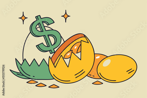 Growth or value stocks investment, earning or dividends from stock market metaphor or profit and return from investment asset concept, shiny golden eggs with one hatched as US dollar money sign.