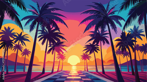 Colorful Palm Silhouettes Background: Vibrant Tropical Designs"	