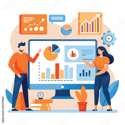 Business team analyzing financial data and statistics on computer monitor illustration