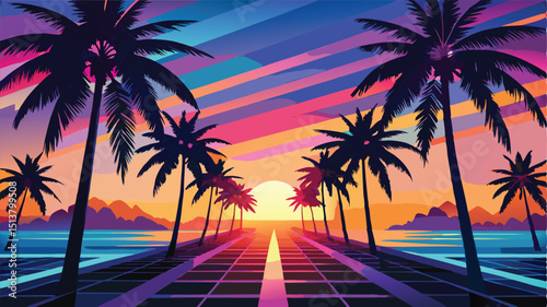 Colorful Palm Silhouettes Background: Vibrant Tropical Designs"	