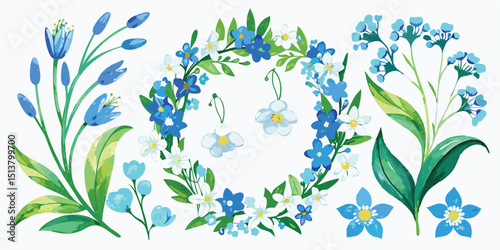 Watercolor Set of Blue Forget-Me-Nots and White Lilies of the Valley  Frames, Wreaths & Borders