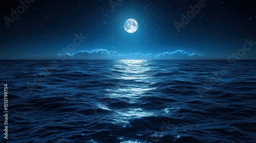 Night seascape, moonlit waves