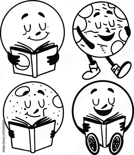 Whimsical planet characters reading books in a playful black and white illustration for educational materials or childrens design