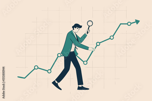 Stock market data analysis, financial research professional or investment and economic forecast concept, smart businessman analyst using magnifying glass look in details on market data rising graph.