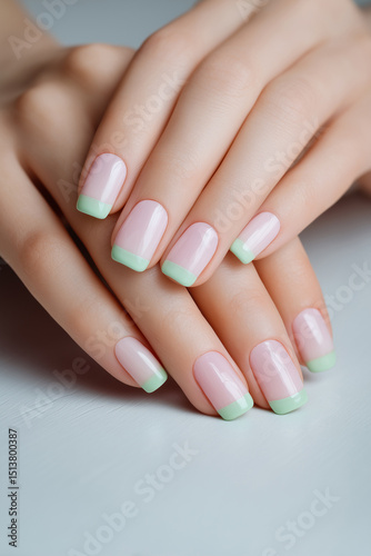 Elegant mint green tips adorn soft pink nails in a modern manicure session