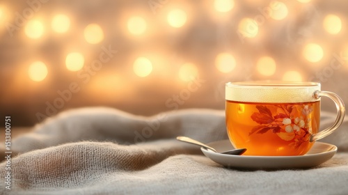 A warm cup of tea sits elegantly on a soft surface, steam wafting up in a serene setting, inviting moments of calm and relaxation for the viewer.