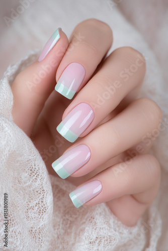 Elegant pastel nail design showcasing a blend of soft pink and mint green tones perfect for a spring celebration or a casual outing