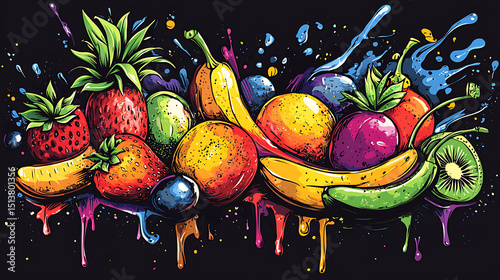 A colorful painting of a fruit basket with a variety of fruits including bananas
