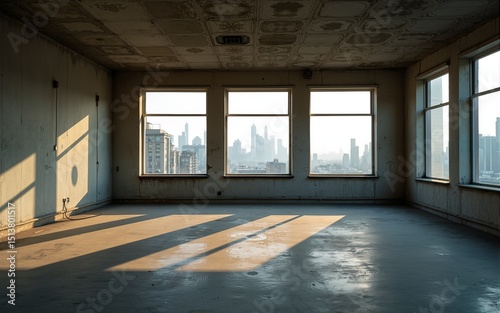Panoramic View of Abandoned Building Interior with Cityscape. High quality