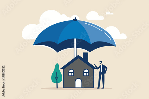 House insurance, home disaster insure coverage or safety or shield for residential building concept, young man house owner with his house under strong cover umbrella.