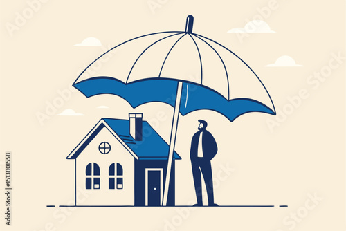 House insurance, home disaster insure coverage or safety or shield for residential building concept, young man house owner with his house under strong cover umbrella.
