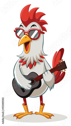 Cartoon chicken character playing a ukulele with sunglasses on a white background