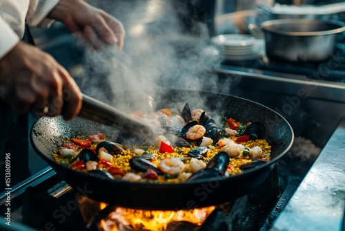 A traditional paella cooking in a large pan, created by ai