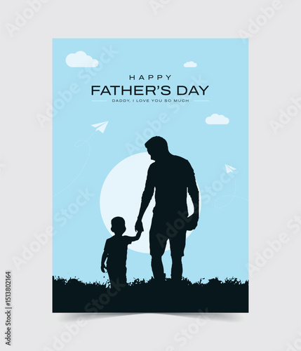Happy Father's Day with dad and children silhouettes. A vector greeting card with a nice message for Father's Day